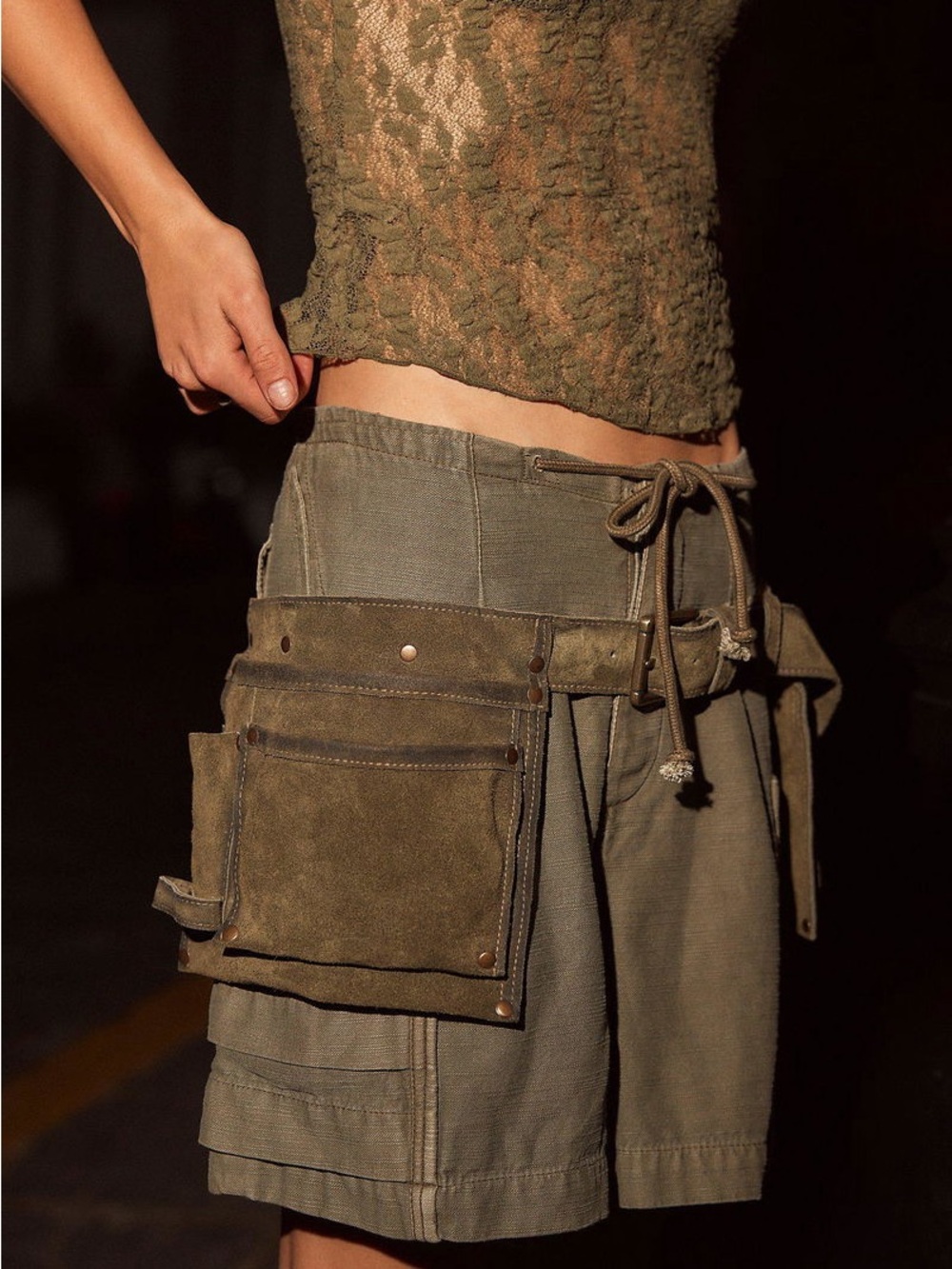 Free People Olive Green Suede Utility Belt with Pouch